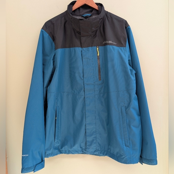 Eddie Bauer Teal/Black Weatheredge Men's Large Rain Jacket With Removable Hood - Picture 2 of 15